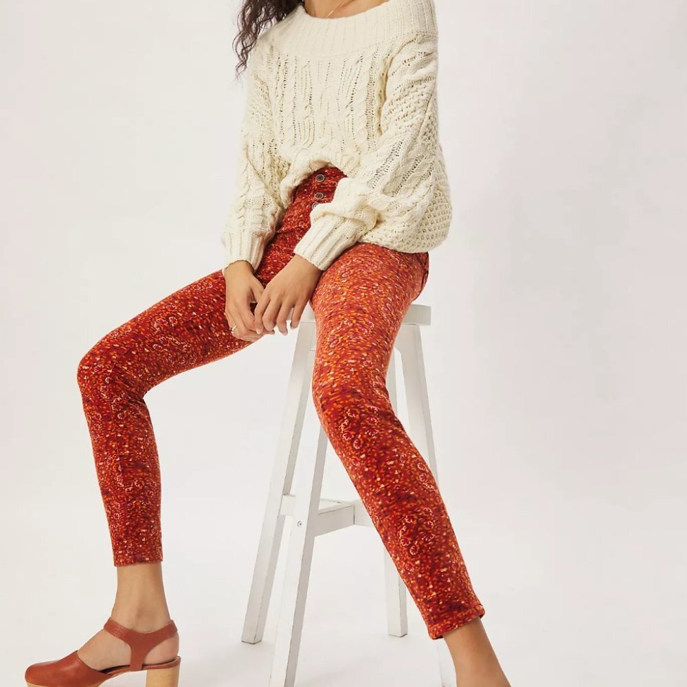 Anthropologie Pilcro Corduroy Floral Button Fly Pants Orange 26 H13628